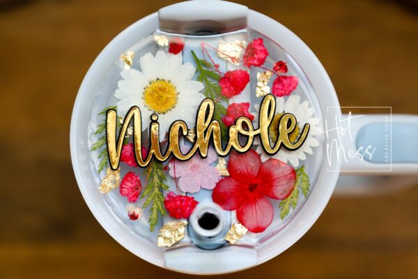 Pressed Flower Stanley Tumbler Topper, custom tumbler plate, tumbler name tag, Personalized gift