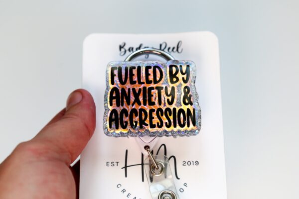 Fueled By Anxiety and Aggression Funny Rainbow Badge Reel, RN ID Holder, Retractable Badge Reel, Night Shift, Audacity, Stocking Stuffer