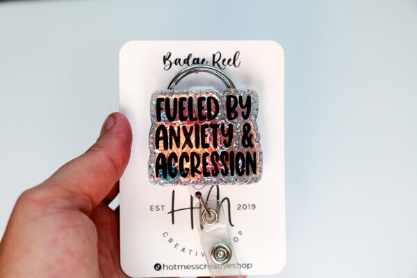 Fueled By Anxiety and Aggression Funny Rainbow Badge Reel, RN ID Holder, Retractable Badge Reel, Night Shift, Audacity, Stocking Stuffer