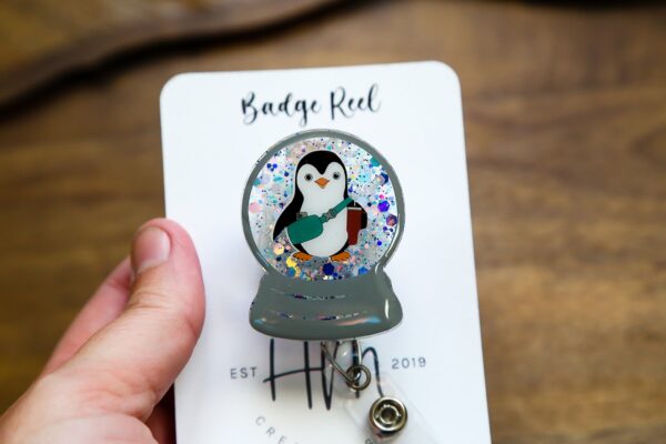 Boujee Penguin Snow globe Badge Reel, Christmas Badge Reel, Nurse Badge Reel, Retractable ID Holder, Glitter Badge Reel, Winter ID Holder