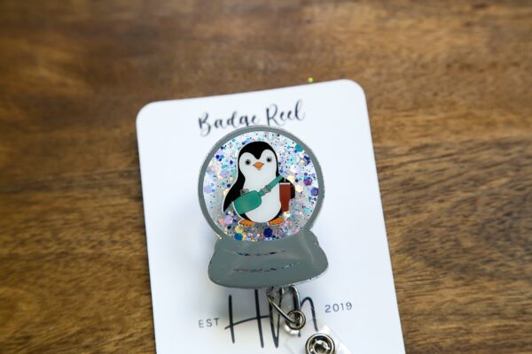 Boujee Penguin Snow globe Badge Reel, Christmas Badge Reel, Nurse Badge Reel, Retractable ID Holder, Glitter Badge Reel, Winter ID Holder