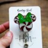 Peppermint with green bow Badge Reel, Christmas Badge Reel, Nurse Badge Reel, Retractable ID Holder, Interchangeable, Stocking Stuffer