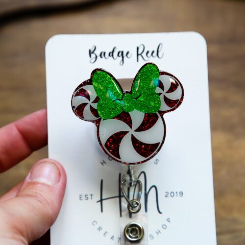 il_fullxfull.5470865190_p8gp Peppermint with green bow Badge Reel, Christmas Badge Reel, Nurse Badge Reel, Retractable ID Holder, Interchangeable, Stocking Stuffer