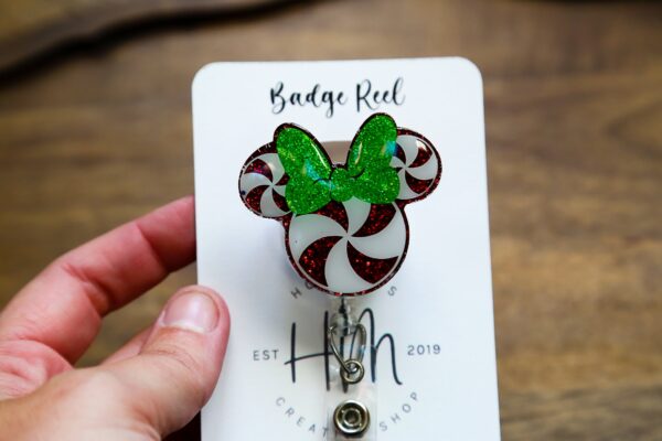 Peppermint with green bow Badge Reel, Christmas Badge Reel, Nurse Badge Reel, Retractable ID Holder, Interchangeable, Stocking Stuffer