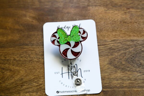 Peppermint with green bow Badge Reel, Christmas Badge Reel, Nurse Badge Reel, Retractable ID Holder, Interchangeable, Stocking Stuffer