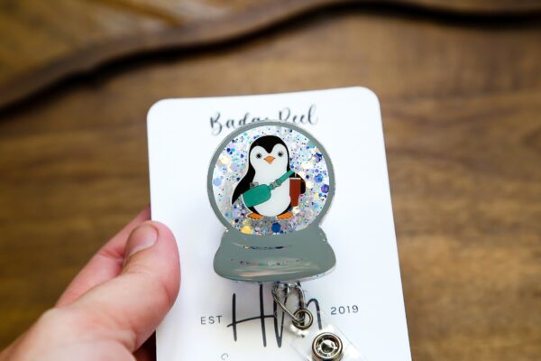 Boujee Penguin Snow globe Badge Reel, Christmas Badge Reel, Nurse Badge Reel, Retractable ID Holder, Glitter Badge Reel, Winter ID Holder
