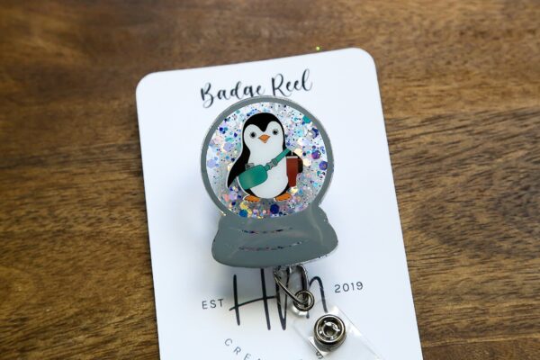 Boujee Penguin Snow globe Badge Reel, Christmas Badge Reel, Nurse Badge Reel, Retractable ID Holder, Glitter Badge Reel, Winter ID Holder