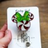 Peppermint with green bow Badge Reel, Christmas Badge Reel, Nurse Badge Reel, Retractable ID Holder, Interchangeable, Stocking Stuffer