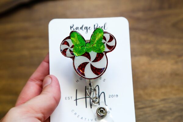 Peppermint with green bow Badge Reel, Christmas Badge Reel, Nurse Badge Reel, Retractable ID Holder, Interchangeable, Stocking Stuffer