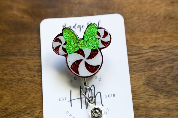 Peppermint with green bow Badge Reel, Christmas Badge Reel, Nurse Badge Reel, Retractable ID Holder, Interchangeable, Stocking Stuffer