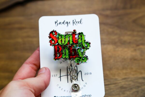 Santa Baby Badge Reel, Christmas Badge Reel, Funny Badge Reel, Retractable ID Holder, Interchangeable, Glitter Badge Reel