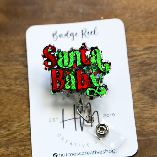 Santa Baby Badge Reel, Christmas Badge Reel, Funny Badge Reel, Retractable ID Holder, Interchangeable, Glitter Badge Reel