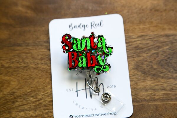 Santa Baby Badge Reel, Christmas Badge Reel, Funny Badge Reel, Retractable ID Holder, Interchangeable, Glitter Badge Reel
