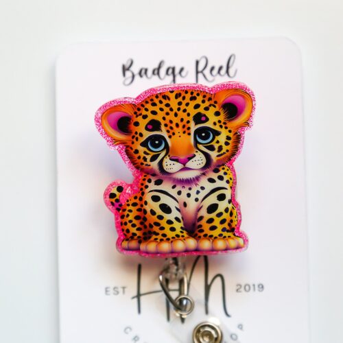 Neon Leopard Interchangeable Badge Reel - Cute Animal Teacher Nurse ID Holder with Retractable Clip