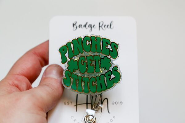 St. Patrick's day Badge Reel, Pinches Get Stitches, Nurse Badge Reel, Retractable ID Holder, Interchangeable, Glitter Badge Reel