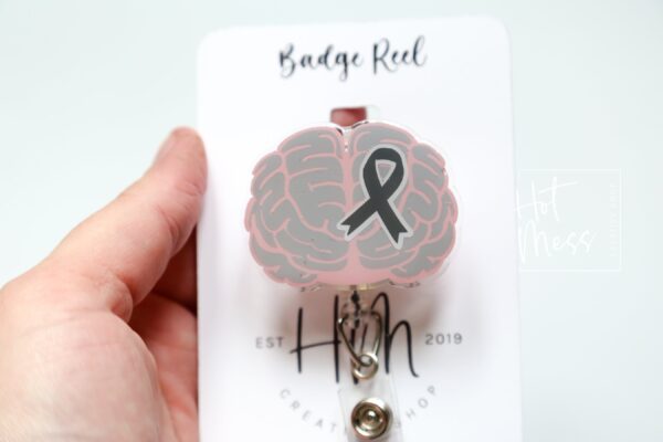 Brain Cancer Awareness Badge Reel, Neurology badge ID, Gray ribbon, Retractable ID, Lanyard Badge Holder