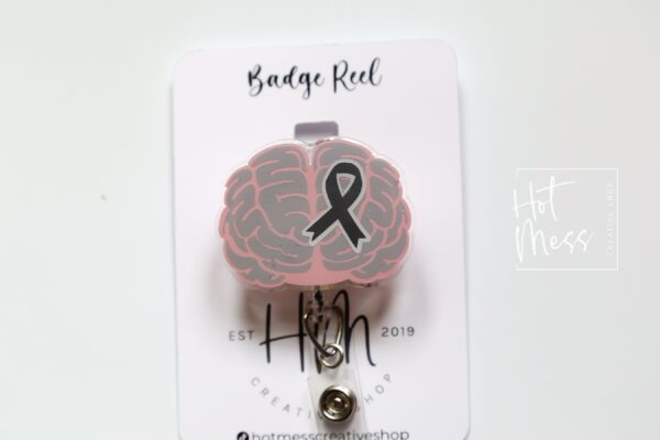 Brain Cancer Awareness Badge Reel, Neurology badge ID, Gray ribbon, Retractable ID, Lanyard Badge Holder