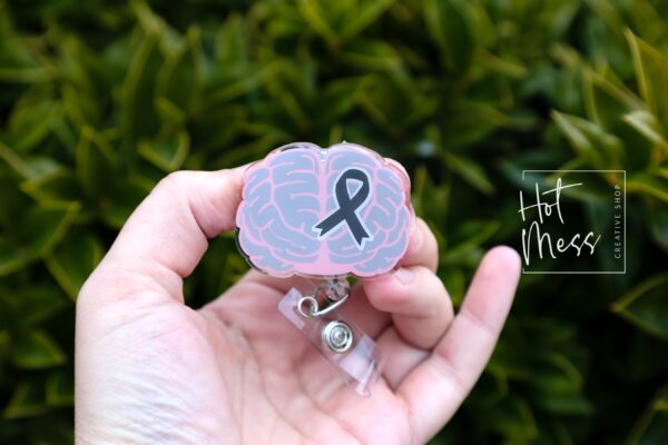 Brain Cancer Awareness Badge Reel, Neurology badge ID, Gray ribbon, Retractable ID, Lanyard Badge Holder