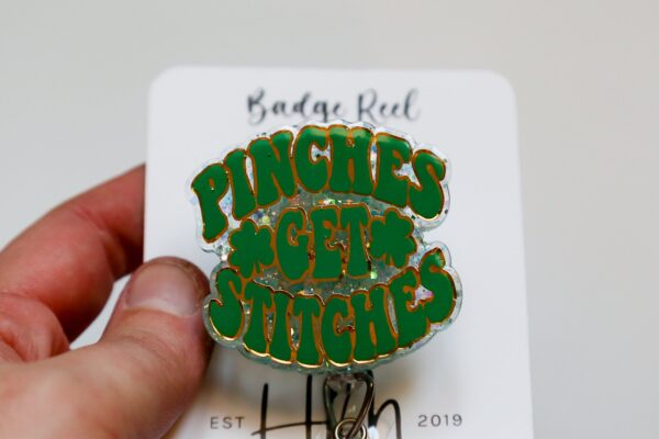 St. Patrick's day Badge Reel, Pinches Get Stitches, Nurse Badge Reel, Retractable ID Holder, Interchangeable, Glitter Badge Reel