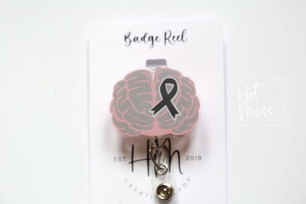 Brain Cancer Awareness Badge Reel, Neurology badge ID, Gray ribbon, Retractable ID, Lanyard Badge Holder