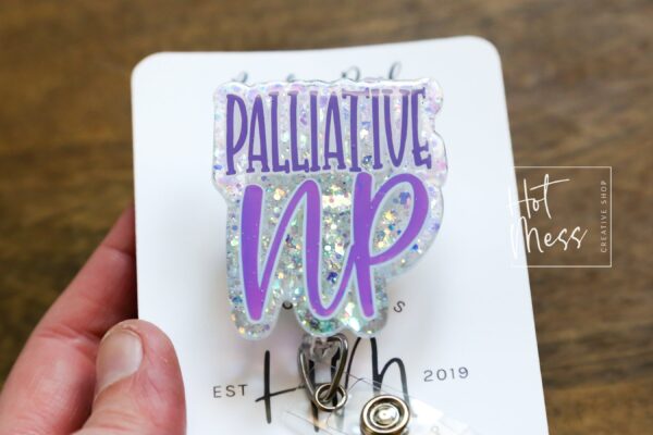 Palliative NP Funny Glitter Pink/Purple Badge Reel, Retractable Badge Reel, Interchangeable Badge Reel, Nurse Practitioner