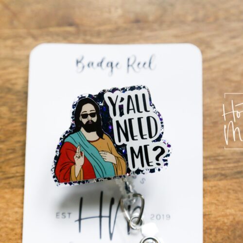 il_fullxfull.5796305811_iod5 Purple Y'all Need Me? Badge Reel, Jesus Retractable Acrylic Badge Reel, Nurse Gift, Night Shift, Funny Badge Reel, Glitter id holder