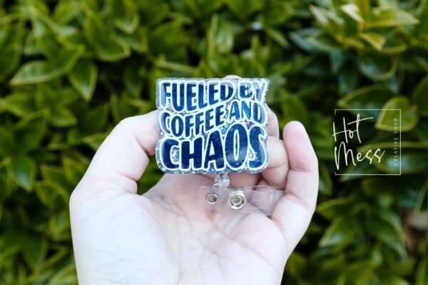 Fueled By Coffee and Chaos Badge Reel, RN ID Holder, Retractable Badge Reel, Night Shift, Audacity, Stocking Stuffer