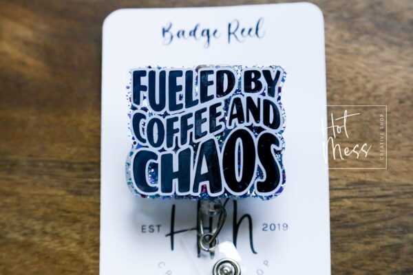 Fueled By Coffee and Chaos Badge Reel, RN ID Holder, Retractable Badge Reel, Night Shift, Audacity, Stocking Stuffer