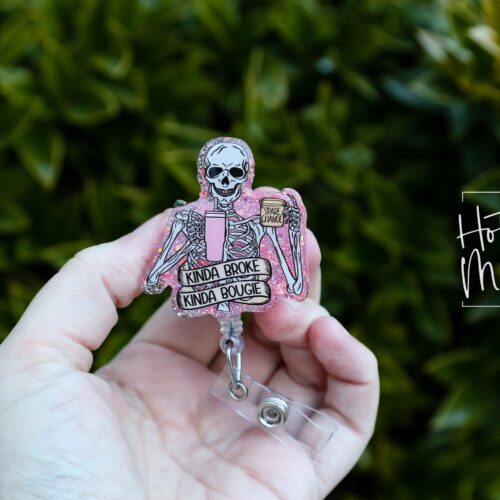 Pink Kinda Broke, Kinda Bougie Badge Reel, Funny Badge Reel, Office ID Holder, Interchangeable Glitter badge reel