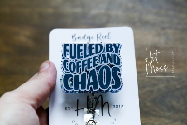 Fueled By Coffee and Chaos Badge Reel, RN ID Holder, Retractable Badge Reel, Night Shift, Audacity, Stocking Stuffer