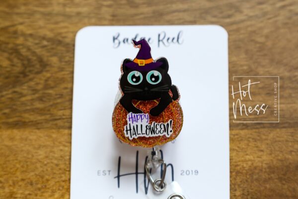 Happy Halloween Cat Badge Reel, Halloween Badge Reel,  Halloween ID Holder, Interchangeable badge reel