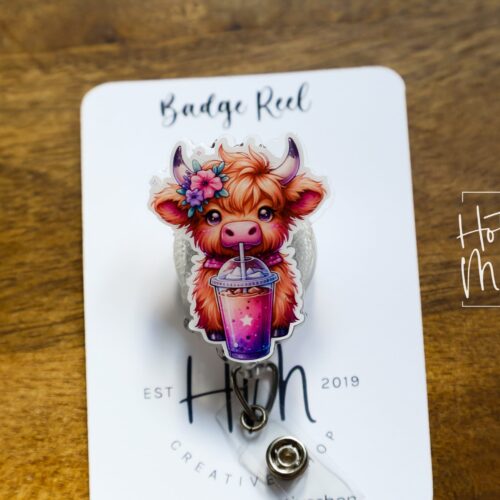 Water color Highland cow, Iced Coffee badge reel, Interchangeable Badge Reel, Cute badge Reel, Teacher ID Holder, animal badge reel