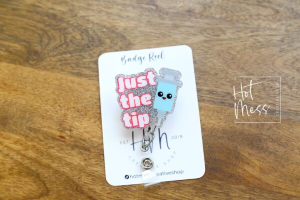 il_fullxfull.5863345802_gud2 Pink Just the tip Badge Reel, Phlebotomy Glitter Badge Reel, Nurse ID Holder, Funny Badge Reel