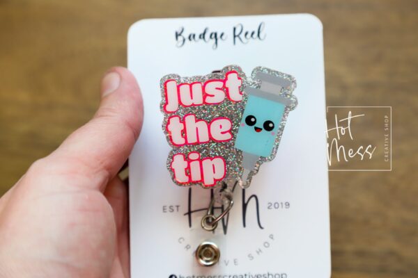 il_fullxfull.5863345810_4f69 Pink Just the tip Badge Reel, Phlebotomy Glitter Badge Reel, Nurse ID Holder, Funny Badge Reel