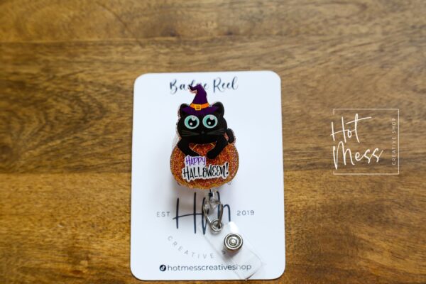 Happy Halloween Cat Badge Reel, Halloween Badge Reel,  Halloween ID Holder, Interchangeable badge reel