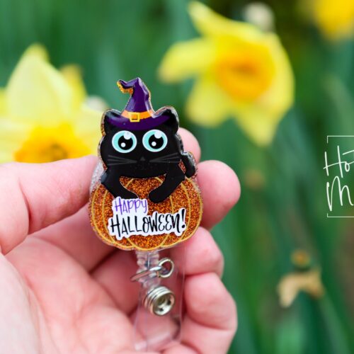 Happy Halloween Cat Badge Reel, Halloween Badge Reel,  Halloween ID Holder, Interchangeable badge reel