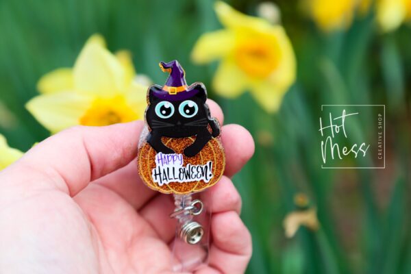 Happy Halloween Cat Badge Reel, Halloween Badge Reel,  Halloween ID Holder, Interchangeable badge reel