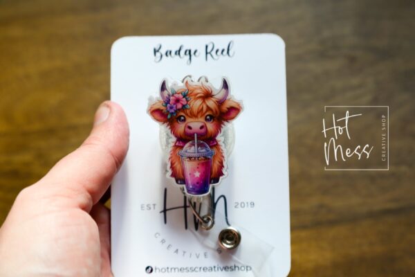 il_fullxfull.5911378535_m4yl Water color Highland cow, Iced Coffee badge reel, Interchangeable Badge Reel, Cute badge Reel, Teacher ID Holder, animal badge reel