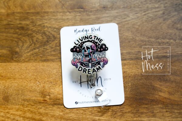 Living the Dream Skeleton Badge Reel, Retractable Badge Reel, Interchangeable Badge Reel, Stocking Stuffer