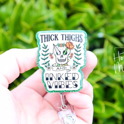 il_fullxfull.5929810824_e5rn Thick Thighs and Inked Vibes Funny Badge Reel, Retractable Badge Reel, Interchangeable Badge Reel