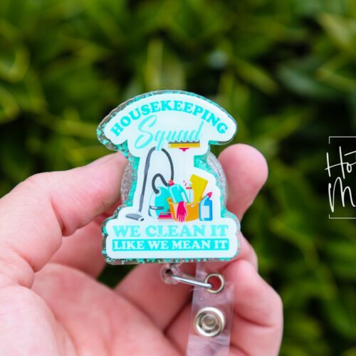 il_fullxfull.5977924273_ky1s Housekeeping Squad Badge Reel, Environmental Services ID Holder, Custodian ID Holder, Retractable Acrylic Badge Reel