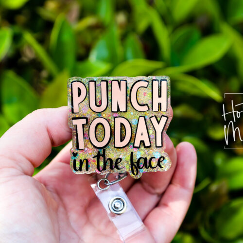 il_fullxfull.5979471334_l1b0 Punch today in the Face Funny Badge Reel, Retractable Acrylic Badge Reel, Nurse Gift, Office ID Holder, Glitter Badge Reel