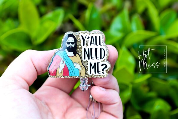 Y'all Need Jesus? Retractable Glitter Badge Reel for Nurses - Funny RN ID Holder Night Shift Gift