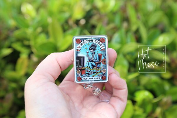 True Crime Junky, Funny Badge reel, RN ID Holder, Retractable Acrylic Badge Reel, Nurse Gift, Night Shift, Stocking Stuffer