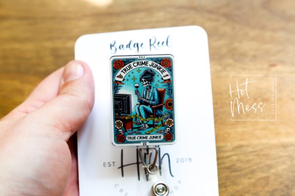 True Crime Junky, Funny Badge reel, RN ID Holder, Retractable Acrylic Badge Reel, Nurse Gift, Night Shift, Stocking Stuffer