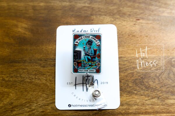 True Crime Junky, Funny Badge reel, RN ID Holder, Retractable Acrylic Badge Reel, Nurse Gift, Night Shift, Stocking Stuffer