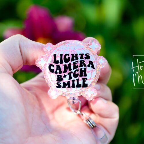 Lights Camera B*tch Smile Disco Ball Funny Badge reel, RN ID Holder, Retractable Acrylic Badge Reel, Nurse Gift, Night Shift