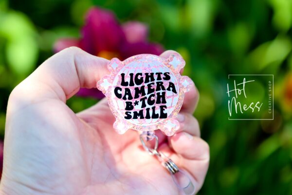 Lights Camera B*tch Smile Disco Ball Funny Badge reel, RN ID Holder, Retractable Acrylic Badge Reel, Nurse Gift, Night Shift