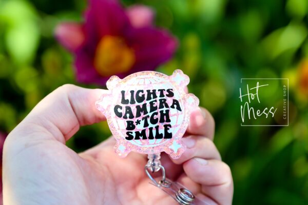 Lights Camera B*tch Smile Disco Ball Funny Badge reel, RN ID Holder, Retractable Acrylic Badge Reel, Nurse Gift, Night Shift