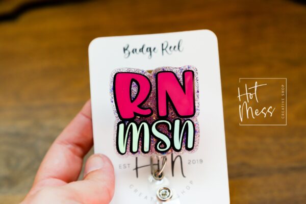 RN MSN, Pink Glitter Badge reel, badge holder, Retractable ID, Lanyard Badge Holder, Nurse Gift, Master of Science in Nursing